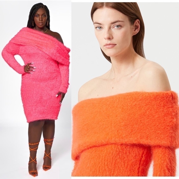 NWT ZELIE FOR SHE Sweater Dress Off Shoulder Fuzzy Eyelash Knit Neon Bodycon 2X - Picture 2 of 8